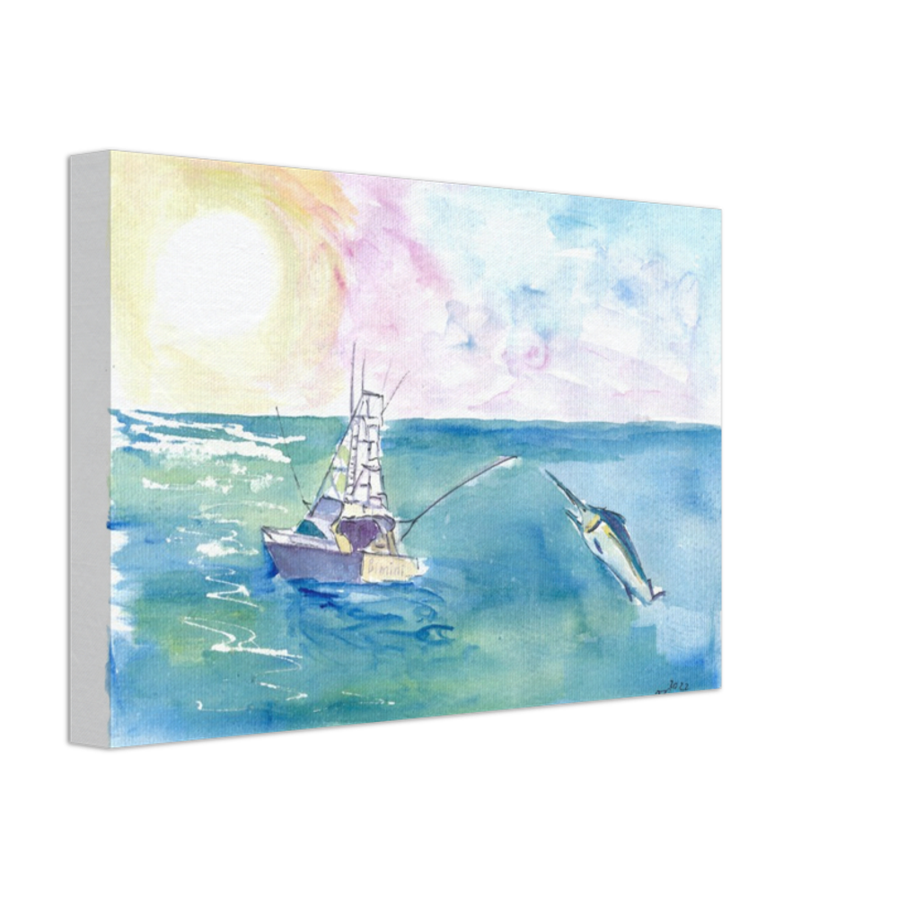 Gone Caribbean Fishing With Yacht and Marlin  - Limited Edition Fine Art Print - Original Painting available