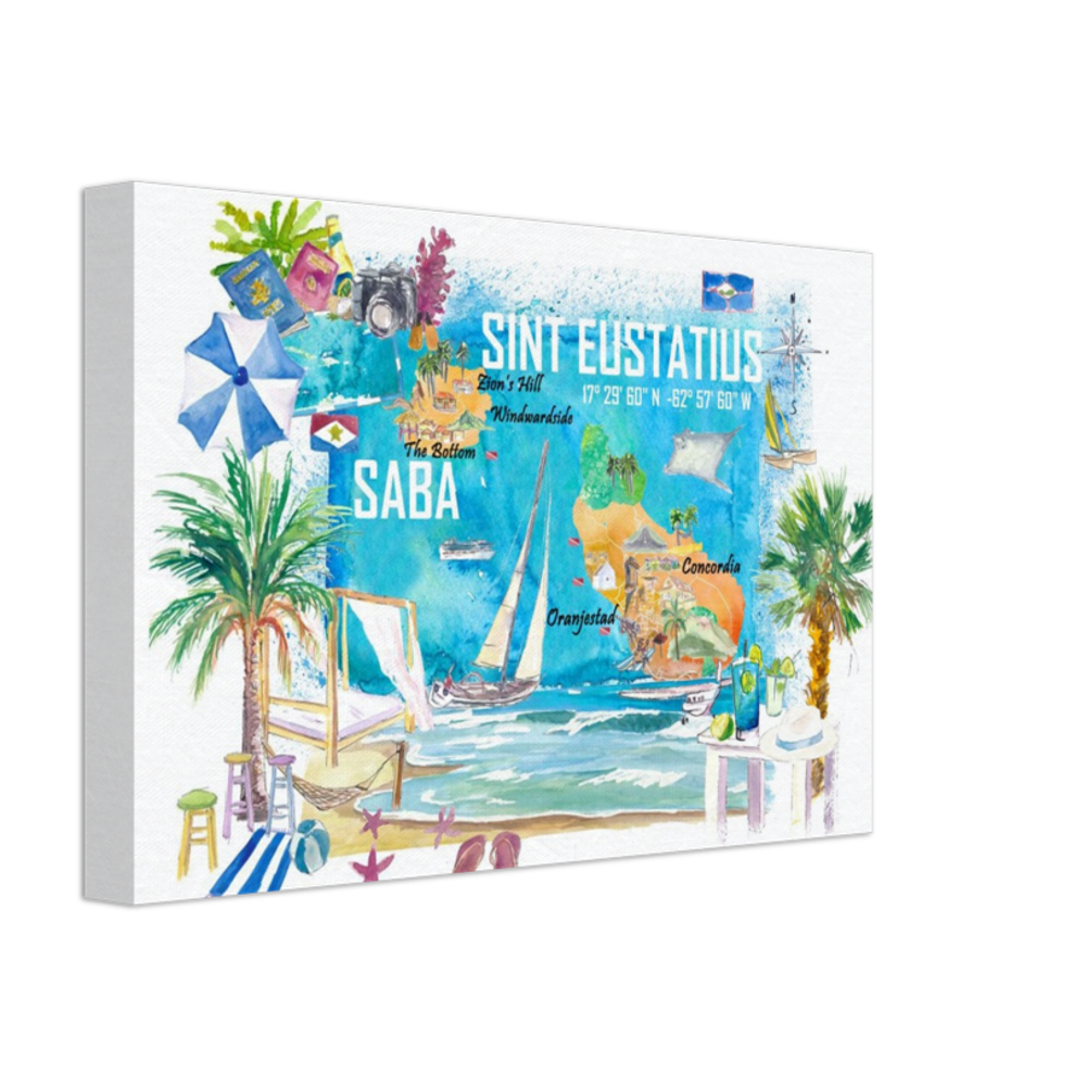 Sint Eustatius and Saba Dutch Caribbean Island Illustrated Travel Map with Tourist Highlights