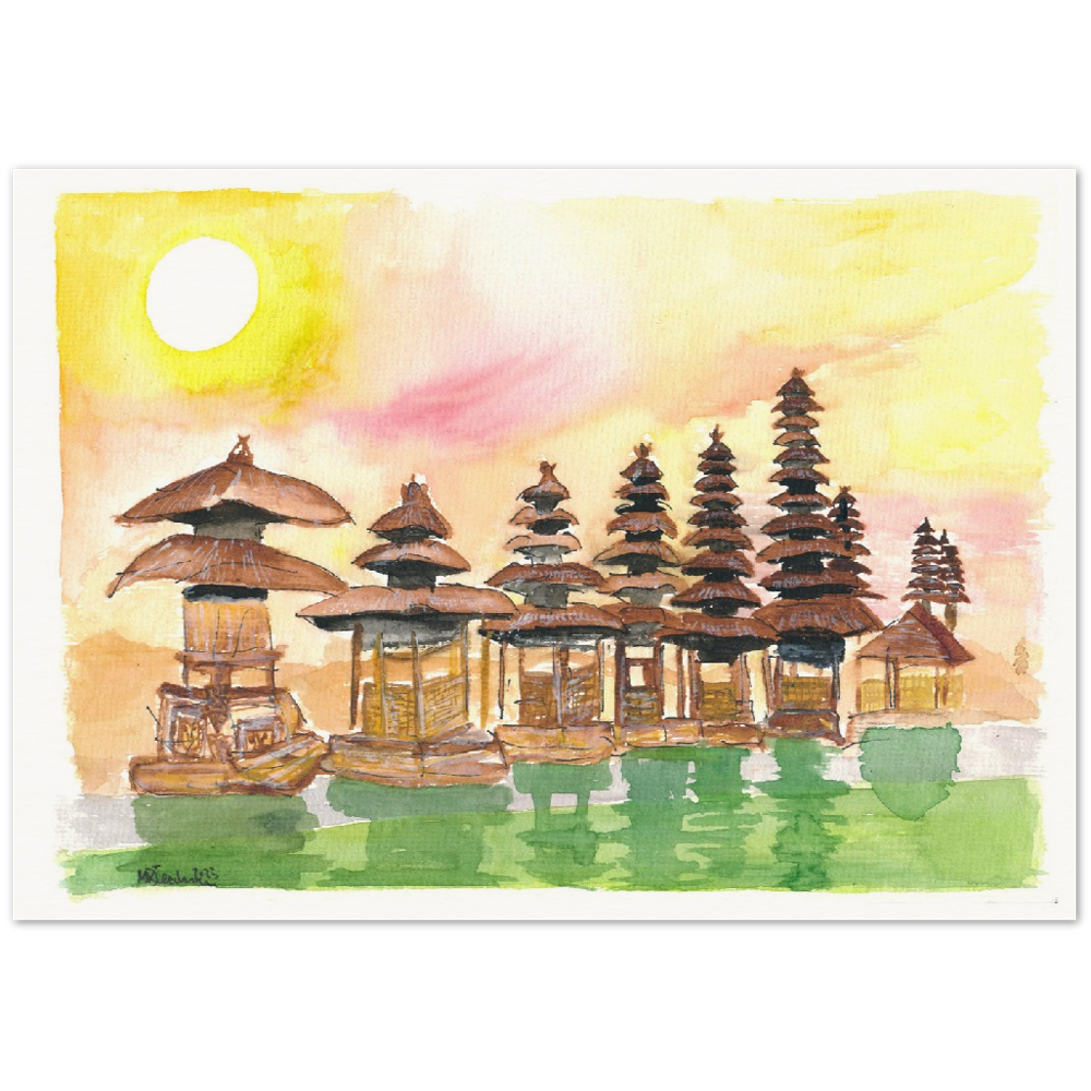 Sunset over stunning Balinese Temple and Garden in Indonesia - Limited Edition Fine Art Print - Original Painting available
