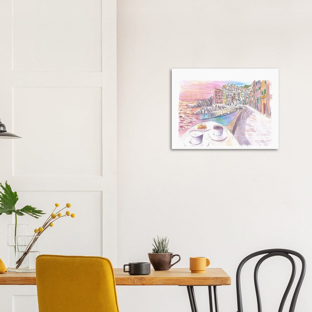 Riomaggiore Cinque Terre Relaxed Morning with Brioche and Coffee - Limited Edition Fine Art Print - Original Painting available