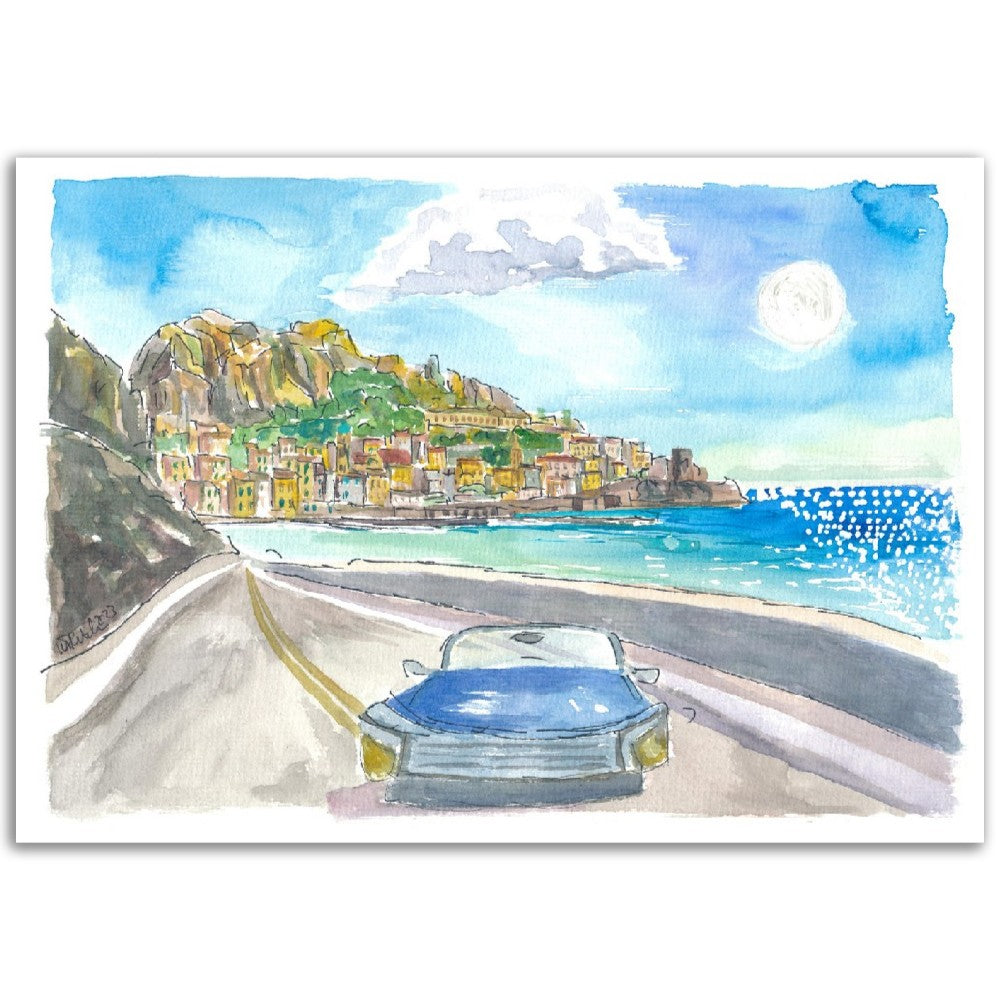 Amalfi Coastal Dreams Itinerary in Blue Convertible - Limited Edition Fine Art Print - Original Painting available